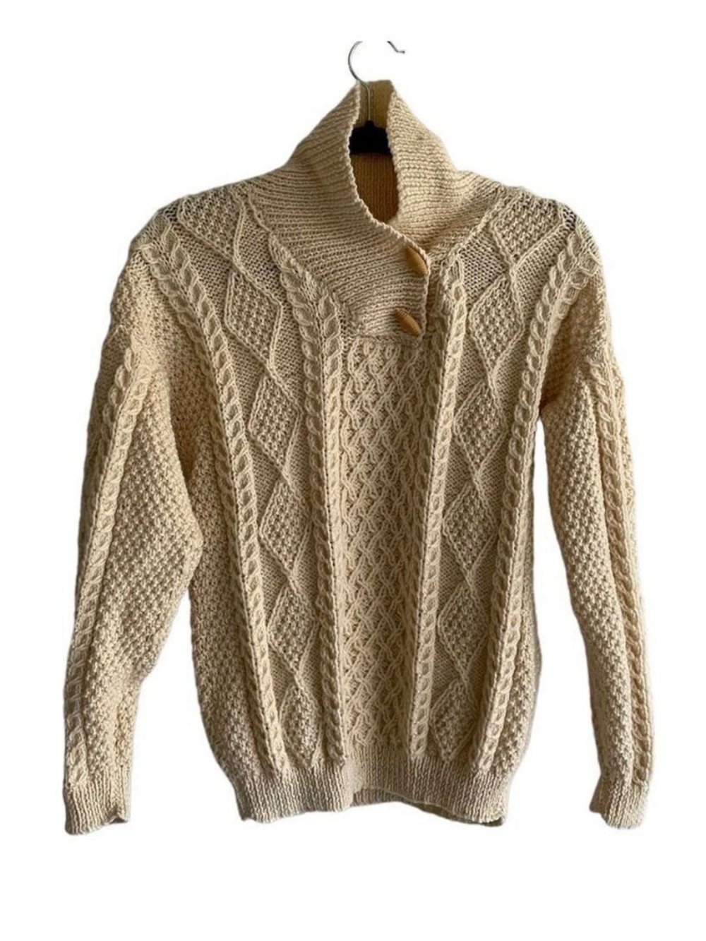 HAND KNIT Wool Chunky Knit Shawl Collar Sweater Cream M